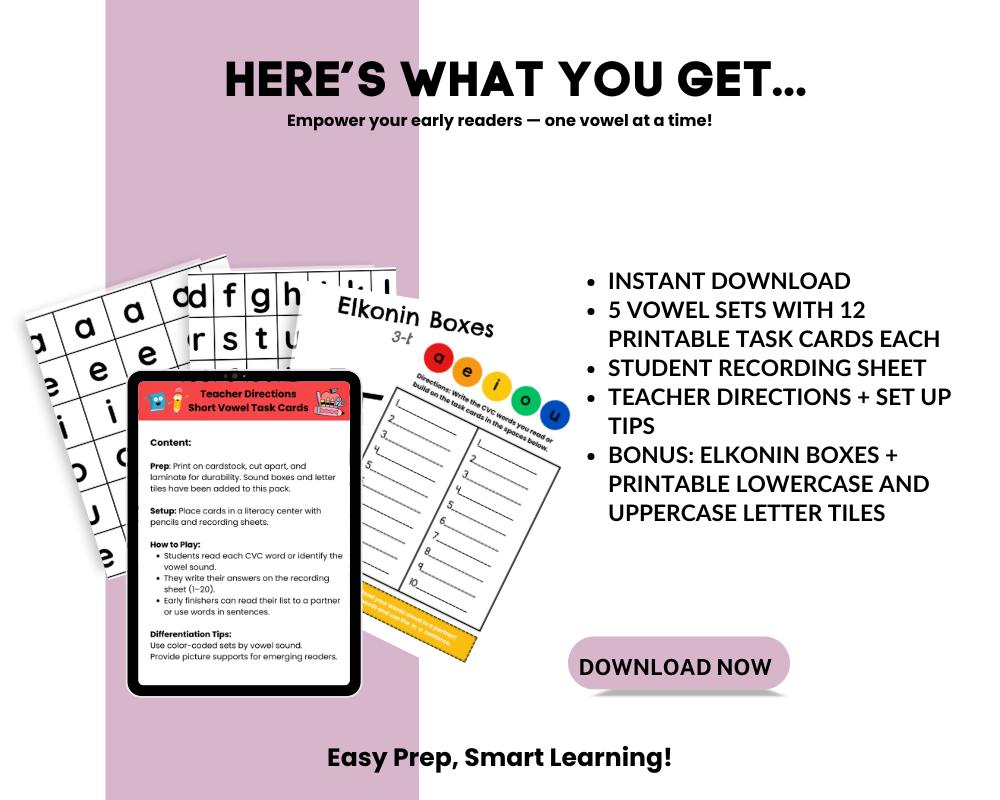 CVC Short Vowel Small Group Literacy Task Cards