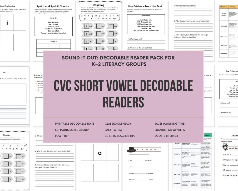 Short Vowel Decodable Reader Packet | Phonics Chaining, Sound Boxes & Word Work Activities