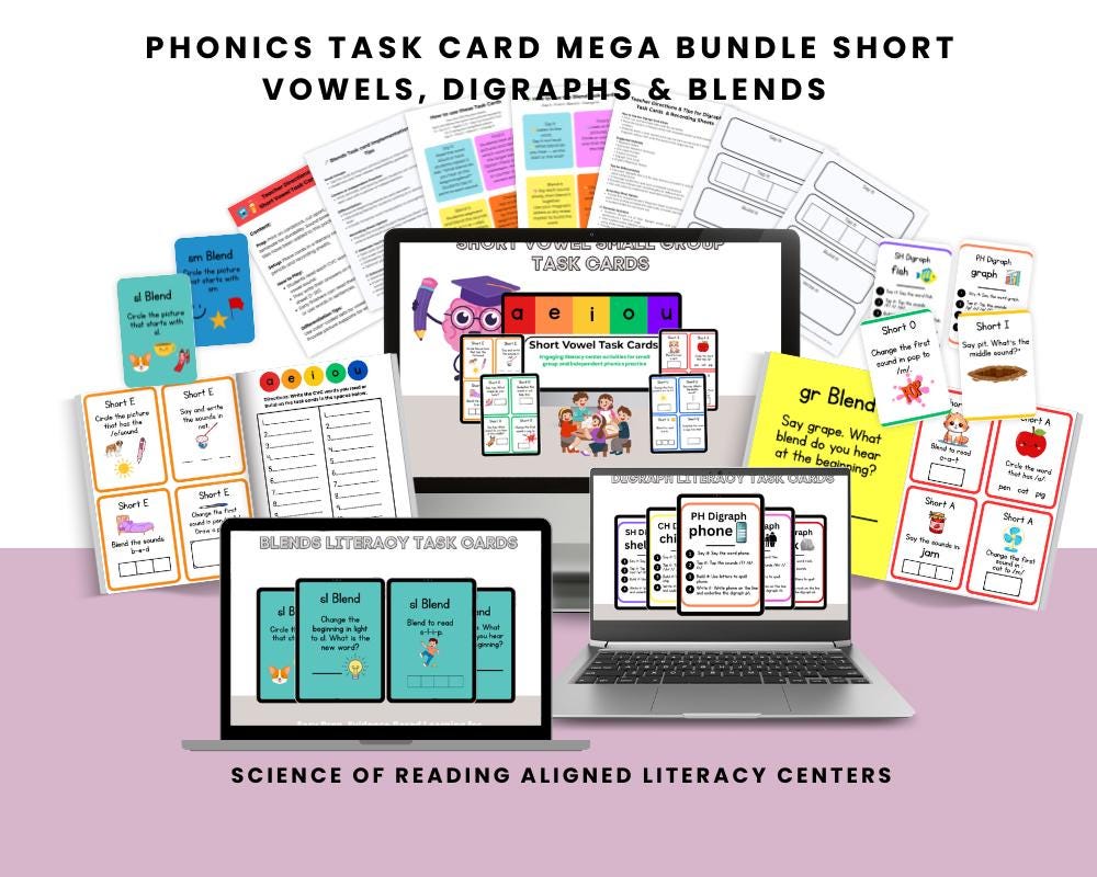 Phonics Task Card MEGA Bundle | CVC, Digraphs & Blends