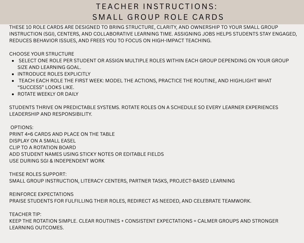 Small Group Leadership Role Cards (Grades 2–6)