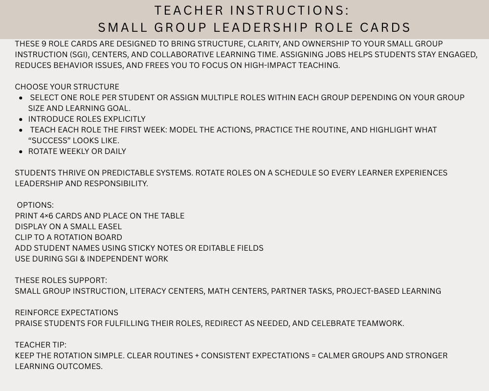 Grades 3-8 Small Group Leadership Role Card Set