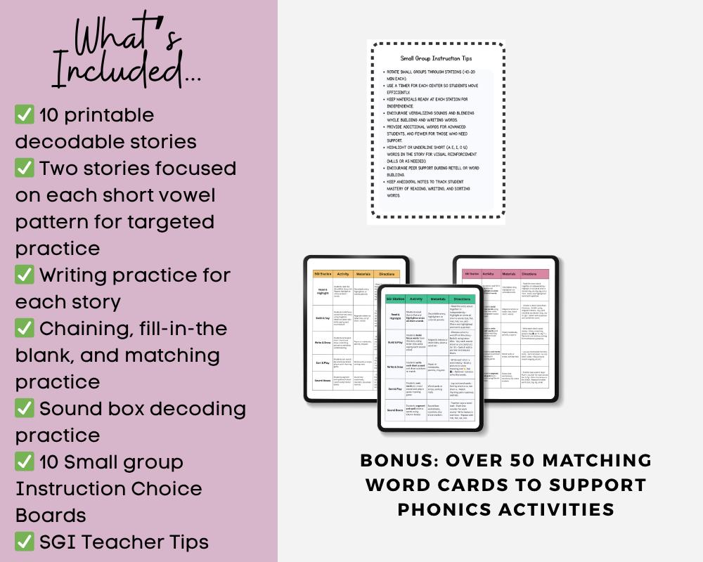 Short Vowel Decodable Reader Packet | Phonics Chaining, Sound Boxes & Word Work Activities