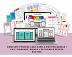 Complete Phonics Task Cards & Routine Bundle I CVC, Digraphs, Blends + Decodable Readers Routine