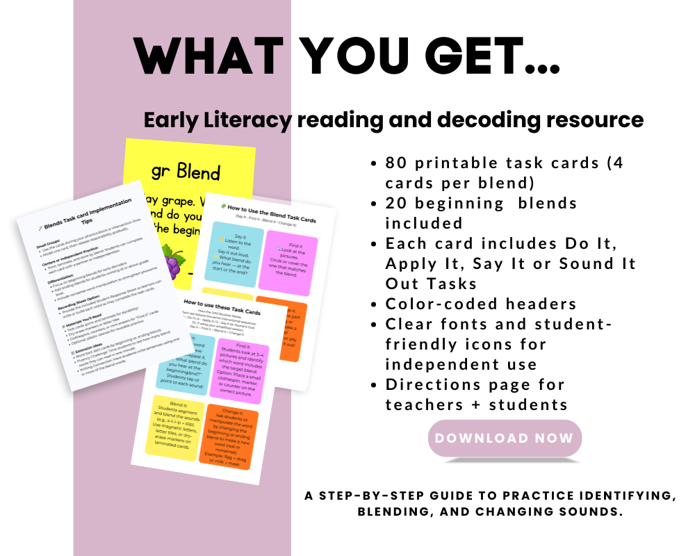 Complete Phonics Task Cards & Routine Bundle I CVC, Digraphs, Blends + Decodable Readers Routine