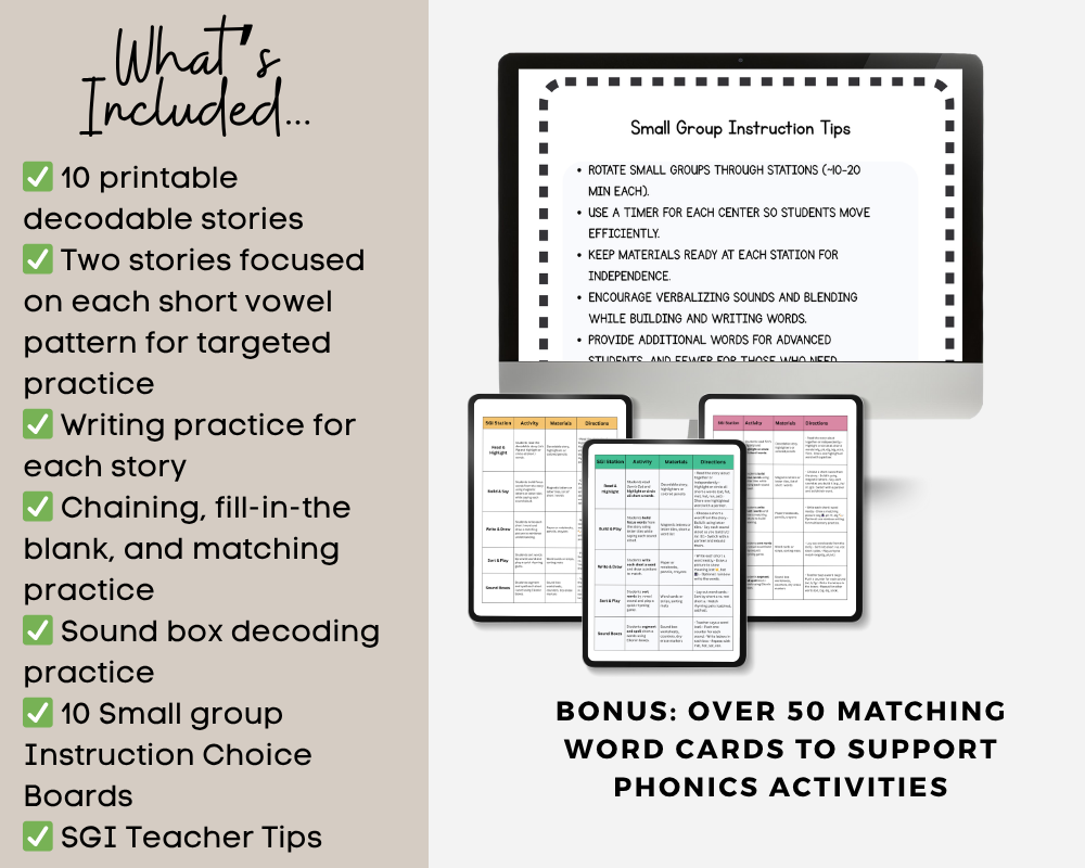 Complete Phonics Task Cards & Routine Bundle I CVC, Digraphs, Blends + Decodable Readers Routine